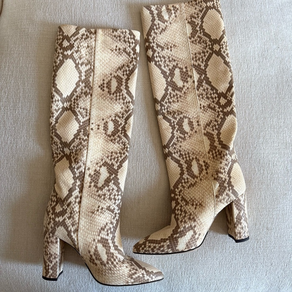 Paris Texas Snake Print Heeled Boots - Cream and Brown